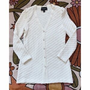St. John Couture Knit Button Up Cardigan Cream/Silver Rhinestone Size Small